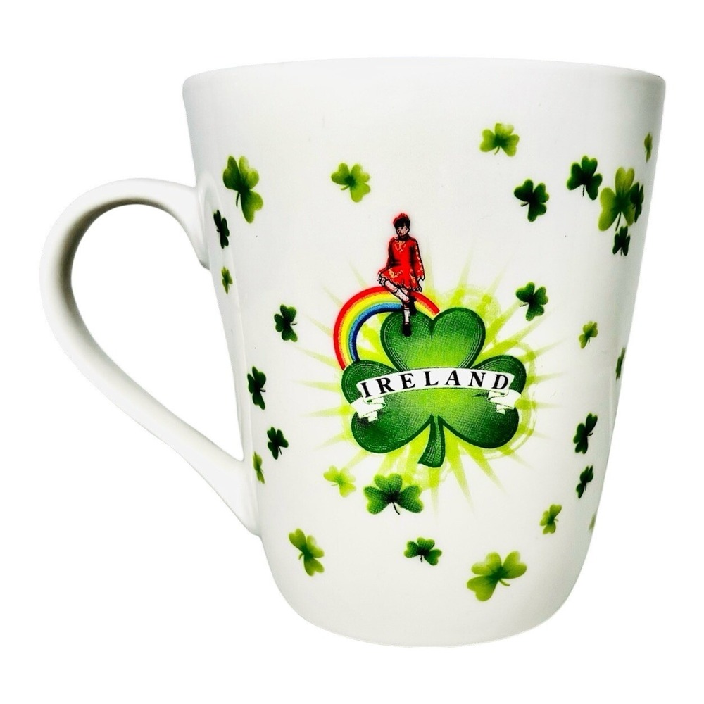Ireland Souvenir Mug Map Shamrocks Irish Dancer White Ceramic Coffee Cup
